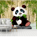 Cute Panda Bamboo Custom Wallcovering For Kids