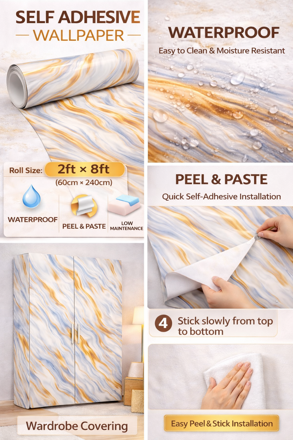 Irresistible Marble Texture Self Adhesive Wallpaper | Premium Peel & Stick Luxury Wall Covering (2ft x 8ft) - Image 2