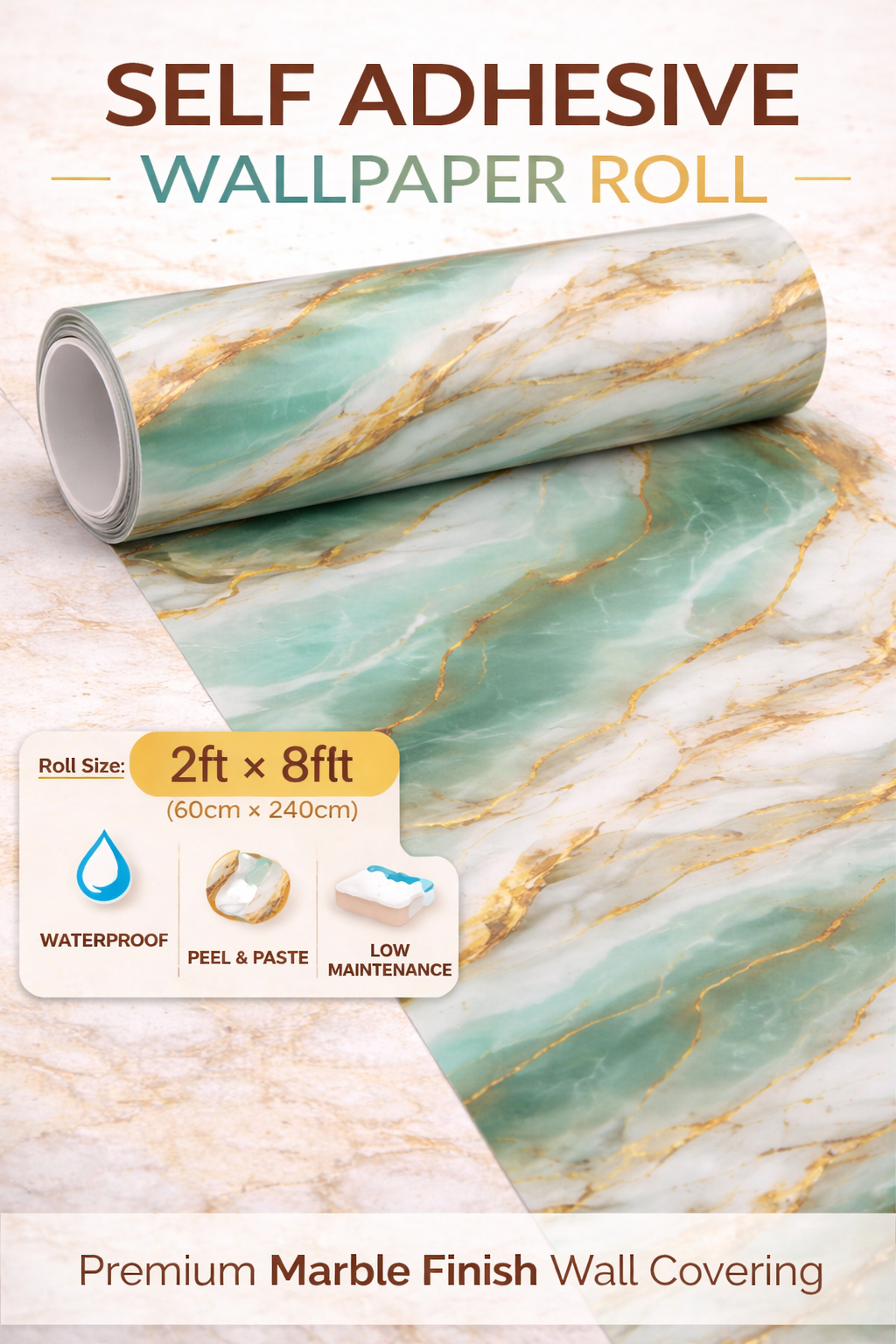 Luxury Green Marble Self Adhesive Wallpaper Roll (2x8 ft) | Waterproof Peel & Stick Wall Covering - Image 4